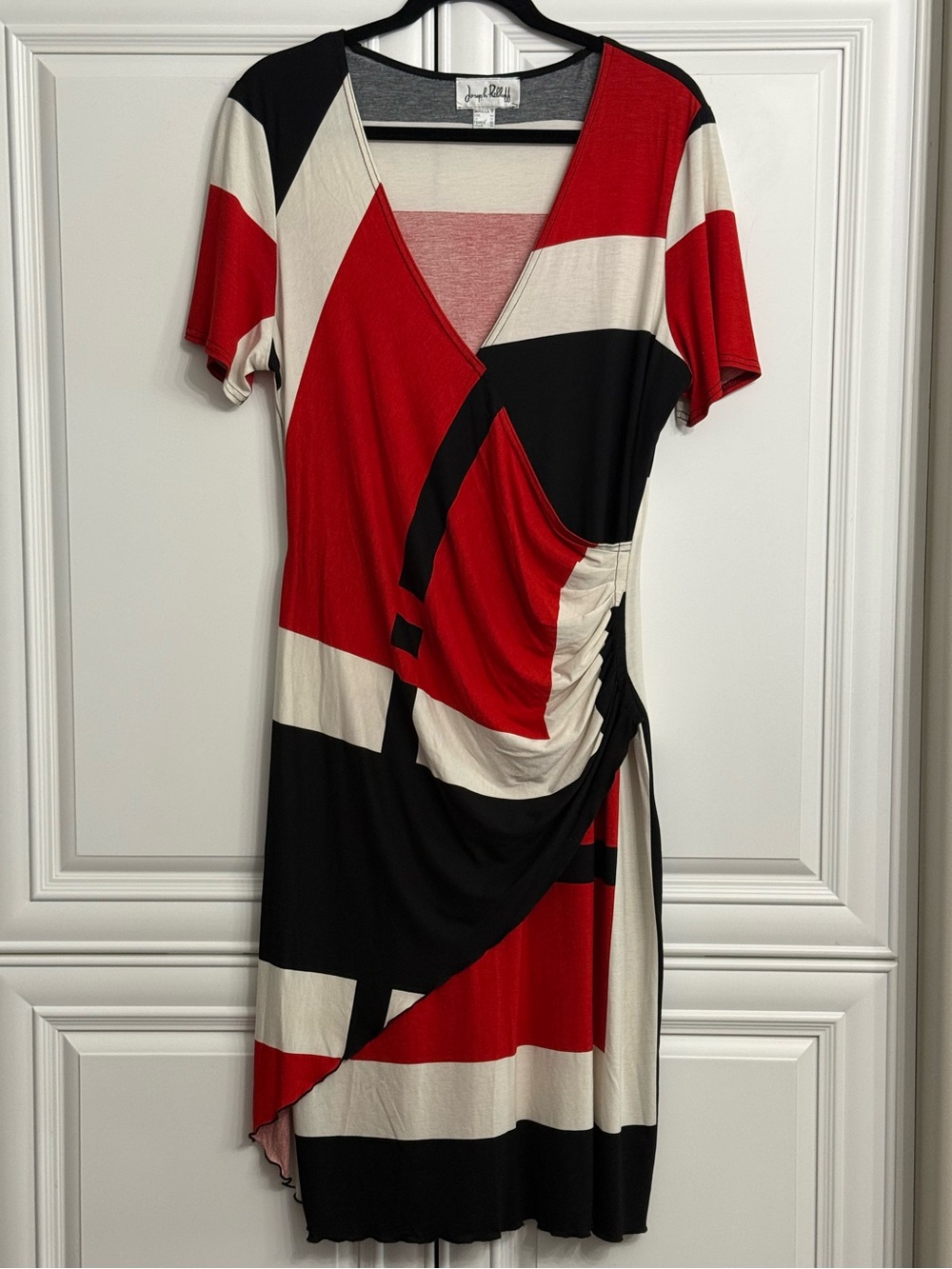 Joseph Ribkoff Sz 16 Red Black White Colorblock Wrap-Style Midi Dress Ruching